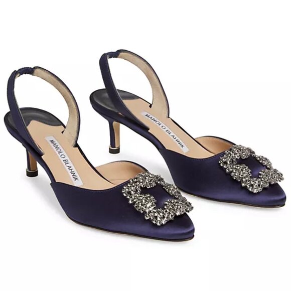 Manolo Blahnik Shoes - NEW$1295 Manolo Blahnik Hangisli 50 Satin Jewel Buckle Slingback Pump Low Heel 7